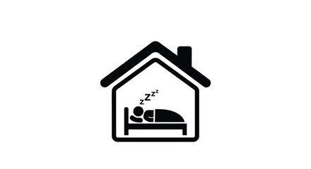 Vector illustration of simple black icon of a person sleeping in a bed inside a house silhouette