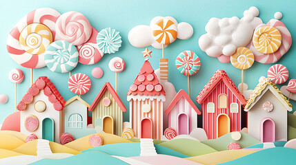 Obraz premium Whimsical Candy Village with Lollipop Trees and Sweet Houses, a Dreamlike Confectionary Landscape