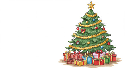 Naklejka premium Christmas tree decorated with colorful ornaments and gifts underneath 