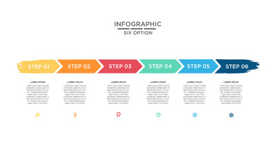 Colorful Six-Step Infographic Template with Horizontal Arrow Timeline, Business Process Diagram, and Modern Icons for Presentation and Data Visualization