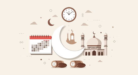 Obraz premium Vector illustration of islamic cultural elements including a mosque, crescent moon, lantern, clock, and calendar, symbolizing ramadan or islamic holidays