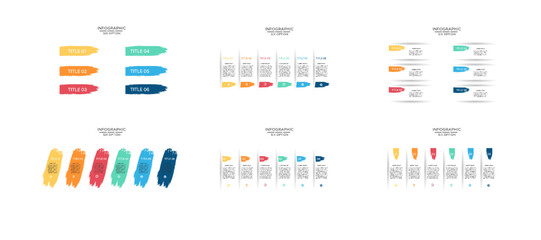 Infographic design with six colorful brush stroke options for business presentations, process steps, data visualization, and marketing templates.