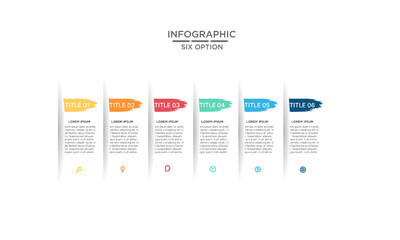 Infographic design template with six colorful vertical options, steps, or processes for business presentations and data visualization.