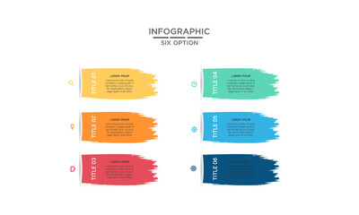 Business Infographic Template with Six Colorful Brushstroke Options and Icons for Presentation