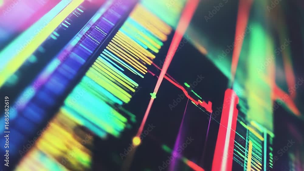 Poster colorful futuristic monitor displaying complex data analysis with charts and graphs