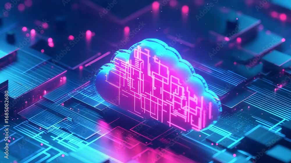 Poster cloud computing technology floating over futuristic circuit board