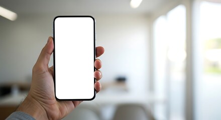 Hand holding a modern smartphone with a blank white screen in a bright office blank screen