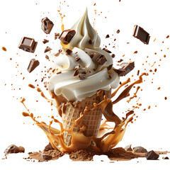 Cream Dynamic Ice Cone Exploding Chocolate Chunks Caramel Drizzle Frozen Motion Effect Transparent Copy Space Template Branding Social Media Poster Banner Marketing Ecommerce Web Print SEO Optimized