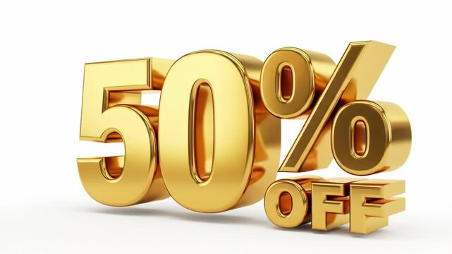 Golden "50% OFF" text stands on a white background, glossy finish. The numerals are shaped like 3D forms, with the percentage symbol and "OFF" underneath
