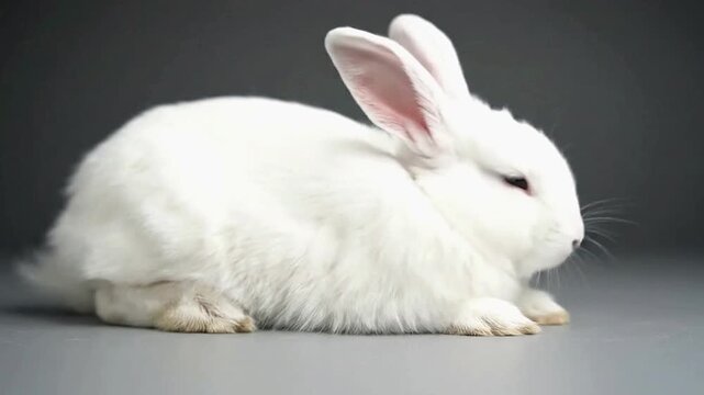 A white rabbit with pink ears sits facing right on a gray background