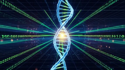 DNA Data Stream: A Genetic Code Visualization with Digital Matrix and Binary Data flow for Science and Technology Background Animation - Powered by Adobe