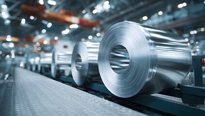 Fototapeta premium Large rolls of sheet metal in modern industrial manufacturing factory