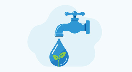 Vector illustration of water tap with a drop containing a green sprout isolated on a light blue background