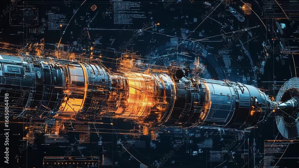 Poster futuristic spaceship floating in space with hud data display