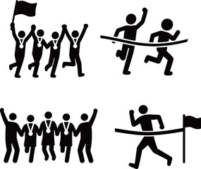 Celebratory icons of teamwork in sports and victory races.