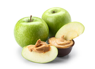 Fresh apples and bowl of sweet peanut butter on white background