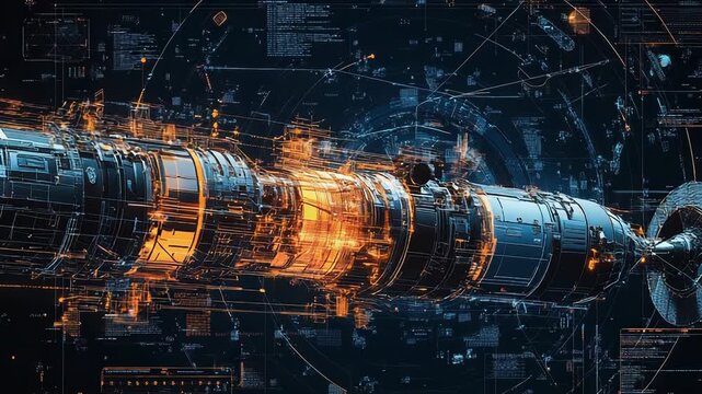 Futuristic spaceship floating in space with hud data display