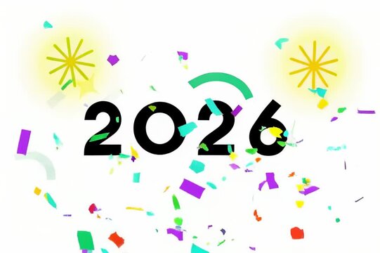 Happy New Year 2026 Celebration with Confetti and Cheers on Bright White Background  vedio in 4k resolution.
