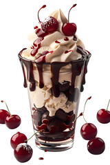 Cream Red Ice Whipped Topping Cherry Garnish Chocolate Drizzle Elegant Dessert Presentation Isolated Transparent Ecommerce Web Print Copy Space Template Branding Social Media Poster Bann SEO Optimized