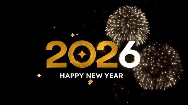 Happy New Year 2026 Golden Celebration with Fireworks Sparkling Against Midnight Sky Digital vedio in 4k resolution.