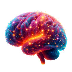 3D glowing brain model isolated white background.