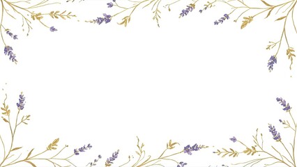 A minimalist botanical border with delicate golden leaves and lavender flowers in the corners on a white background. An elegant and simple design for a modern wedding invitation or card