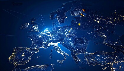 Nighttime view of Europe, illuminated cities
