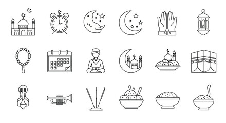 Vector illustration of collection of islamic icons and symbols, including mosques, prayer, calendar, and crescent moon