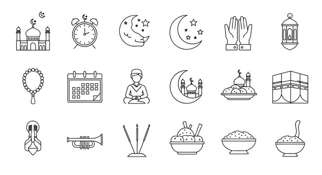 Vector illustration of collection of islamic icons and symbols, including mosques, prayer, calendar, and crescent moon