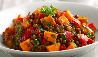 Bowl of lentil stew with sweet potatoes isolated on white background