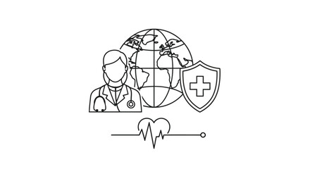 Vector illustration of doctor with stethoscope, globe, shield with cross, and heartbeat line