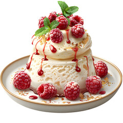 Mint Cream Gold Ice Dessert Leaf Raspberries Garnish Fine Dining Isolated Transparent Background Gourmet Plated Ecommerce Web Print Copy Space Template Branding Social Media Poster Banne SEO Optimized