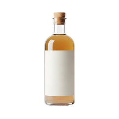 Photo of a clear glass bottle with a cork stopper and a blank white label, filled with amber liquid, isolated on transparent background