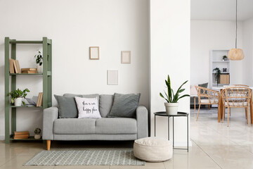 Modern interior of living room with soft grey sofa and shelving unit