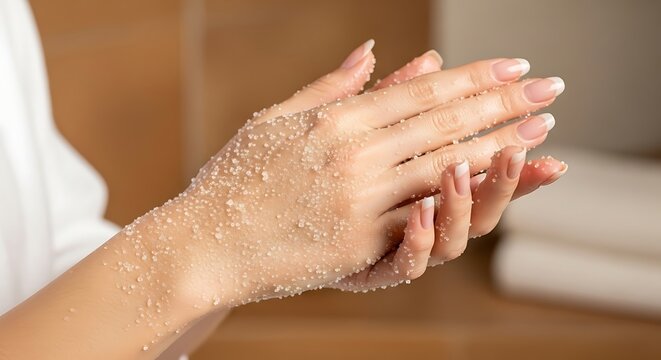 Woman Applying Exfoliating Sugar Scrub to Hands for Spa Treatment and Skincare