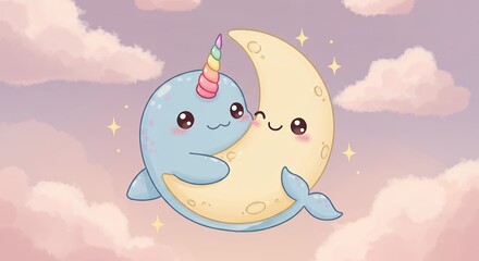 Cute narwhal and moon illustration