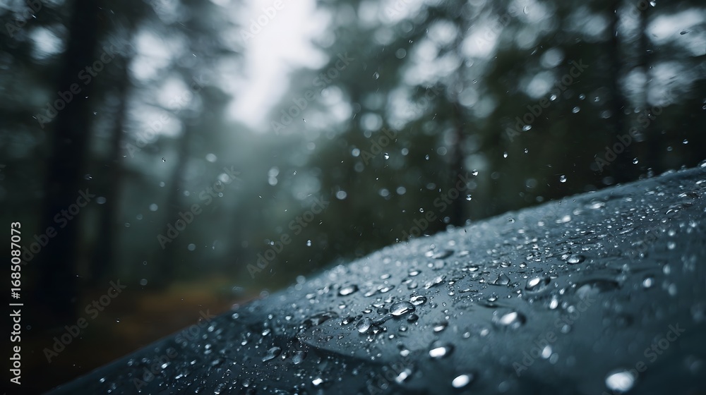 Poster close up of glistening rain droplets on a dark surface with a soft focus forest backdrop creating a 