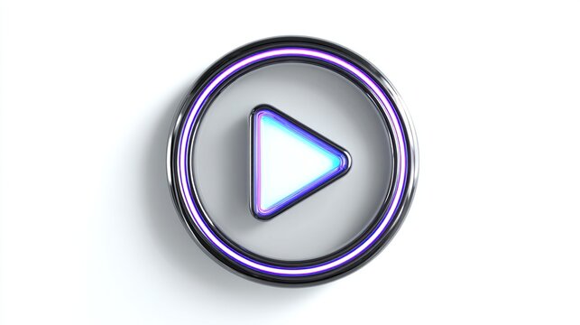 A vibrant, 3D-rendered play button icon, featuring a luminous, iridescent triangle within a sleek, metallic circular frame, casting a subtle shadow - Powered by Adobe