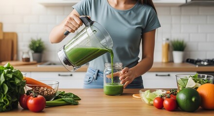 Caucasian woman pouring a vibrant green detox smoothie from a blender into a jar, surrounded by fresh organic vegetables and fruits for a healthy lifestyle and clean eating routine in a modern kitchen