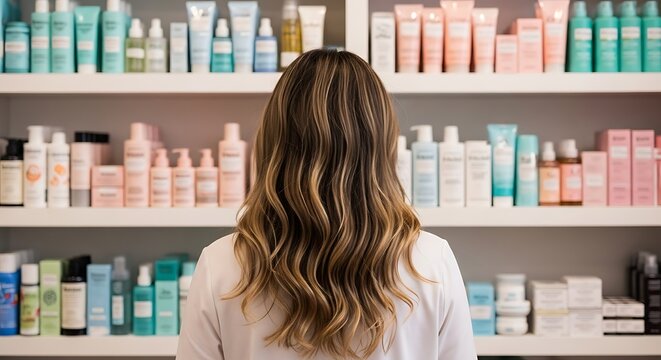 Woman choosing beauty products from shelves selection