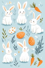 Adorable illustrated Easter bunnies with eggs and carrots on a light blue background