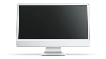 Sleek, modern white desktop computer with a blank black screen, centered