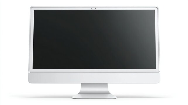 Sleek, modern white desktop computer with a blank black screen, centered