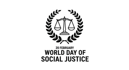 Vector illustration of world day of social justice logo featuring scales of justice within a laurel wreath