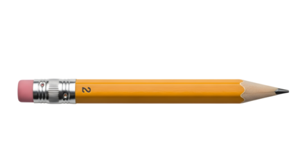 Short yellow pencil with pink eraser isolated on transparent background