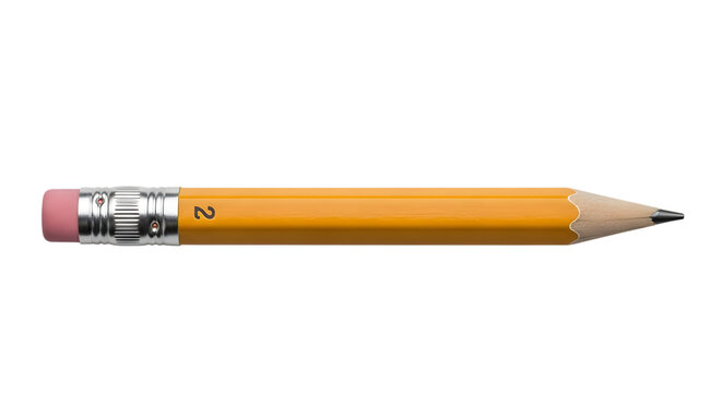 Short yellow pencil with pink eraser isolated on transparent background