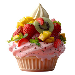 Cream Isolated Transparent Background Ice Scoop Topped Colorful Fruit Pieces Like Kiwi Mango Social Media Poster Banner Marketing Ecommerce Web Print Copy Space Template Branding SEO Optimized Crisp