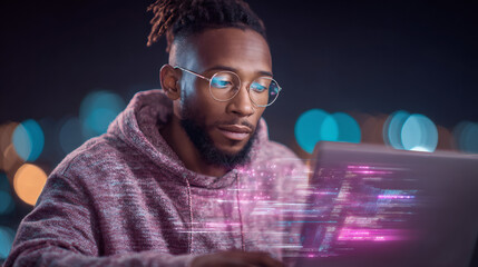 African american man working on laptop with digital data overlay, showcasing concept of futuristic programming for business or education.