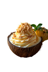 Cream Slices Palm Leaves Exotic Summer Dessert Isolated Transparent Background Ice Served Half Copy Space Template Branding Social Media Poster Banner Marketing Ecommerce Web Print SEO Optimized