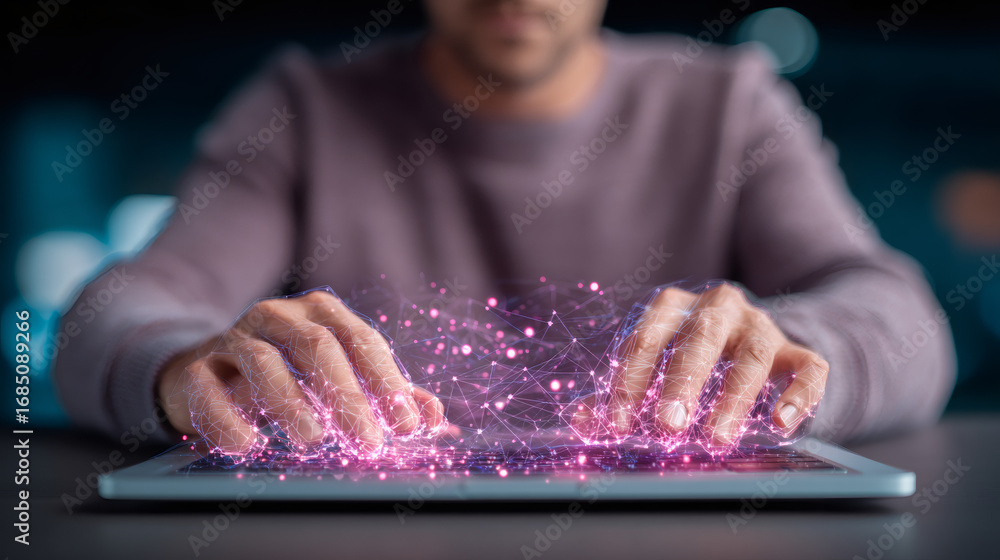Poster man using a futuristic digital keyboard with glowing lines. typing on virtual interface for technolo